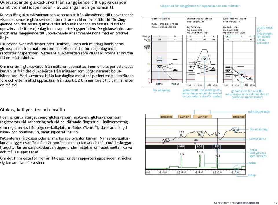 uppvaknande för varje dag inom rapporteringsperioden. De glukosvärden som motsvarar sänggående till uppvaknande är sammanbundna med en prickad linje.