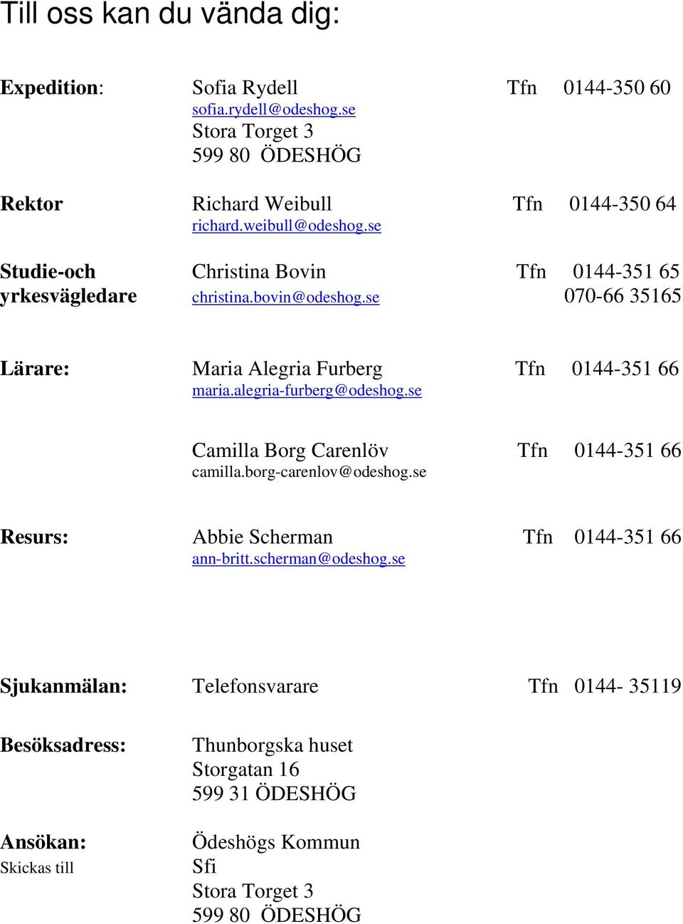 alegria-furberg@odeshog.se Camilla Borg Carenlöv Tfn 0144-351 66 camilla.borg-carenlov@odeshog.se Resurs: Abbie Scherman Tfn 0144-351 66 ann-britt.scherman@odeshog.