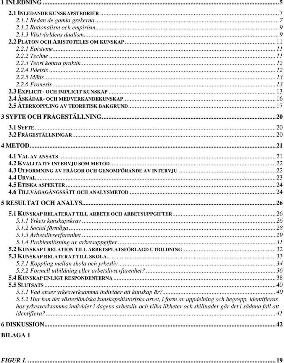 5 ÅTERKOPPLING AV TEORETISK BAKGRUND...17 3 SYFTE OCH FRÅGESTÄLLNING...20 3.1 SYFTE...20 3.2 FRÅGESTÄLLNINGAR...20 4 METOD...21 4.1 VAL AV ANSATS...21 4.2 KVALITATIV INTERVJU SOM METOD...22 4.