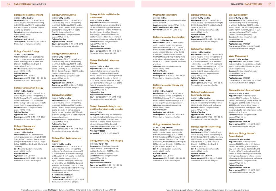English B (advanced) proficiency Application code LU 50521 Course period: 2015-03-23 2015-06-05 Biology: Chemical Ecology (BIOR55) 15,0 hp (credits) Requirements: 90 ECTS credits Science studies