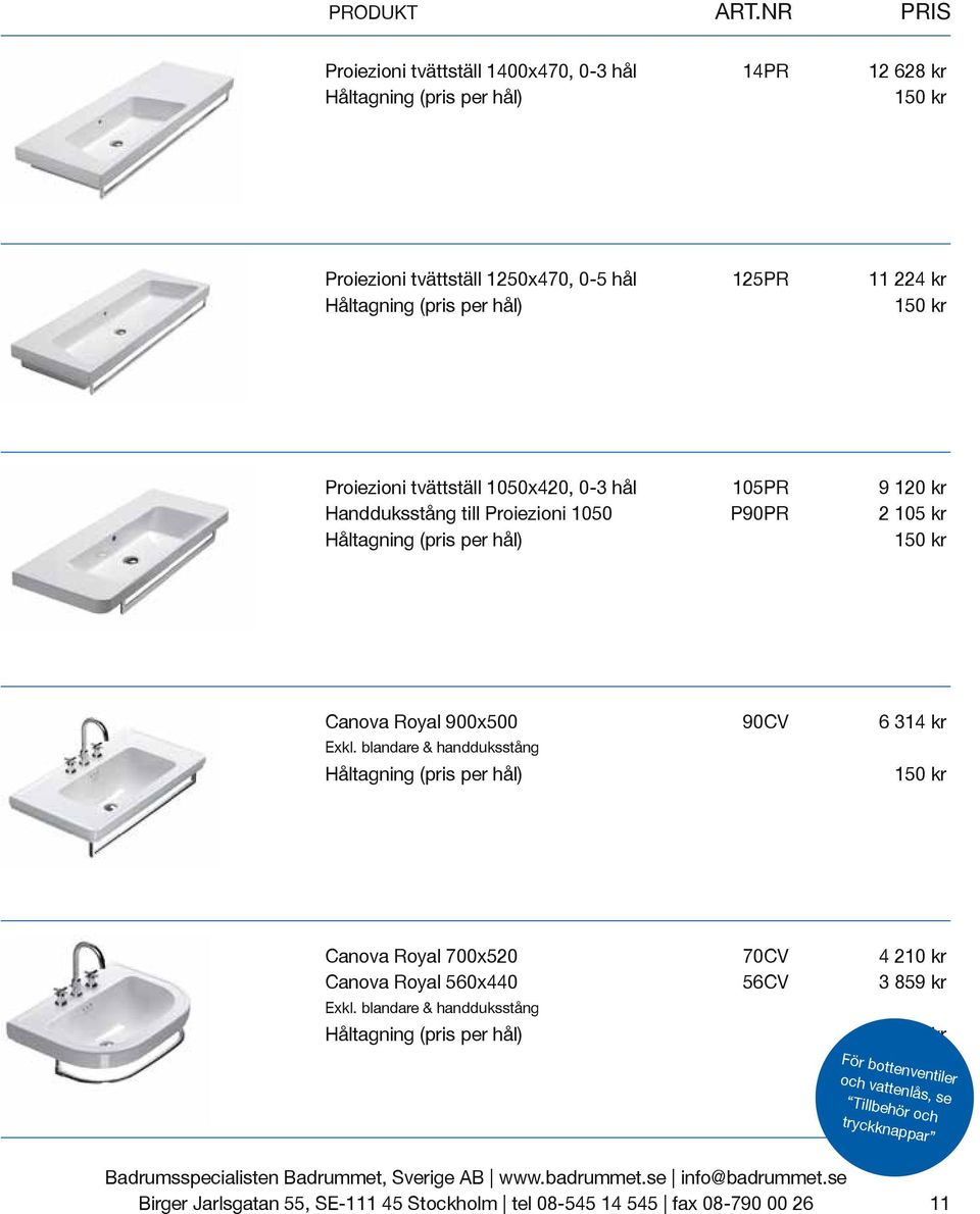 kr Proiezioni tvättställ 1050x420, 0-3 hål 105PR 9 120 kr Handduksstång till Proiezioni 1050 P90PR 2 105 kr Canova