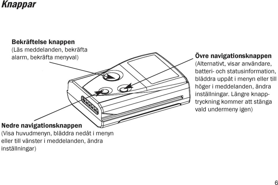 navigationsknappen key (Alternatively, (Alternativt, visar display användare, user, batteri- status och statusinformation, and bläddra battery uppåt condition i menyn eller till indication, höger i