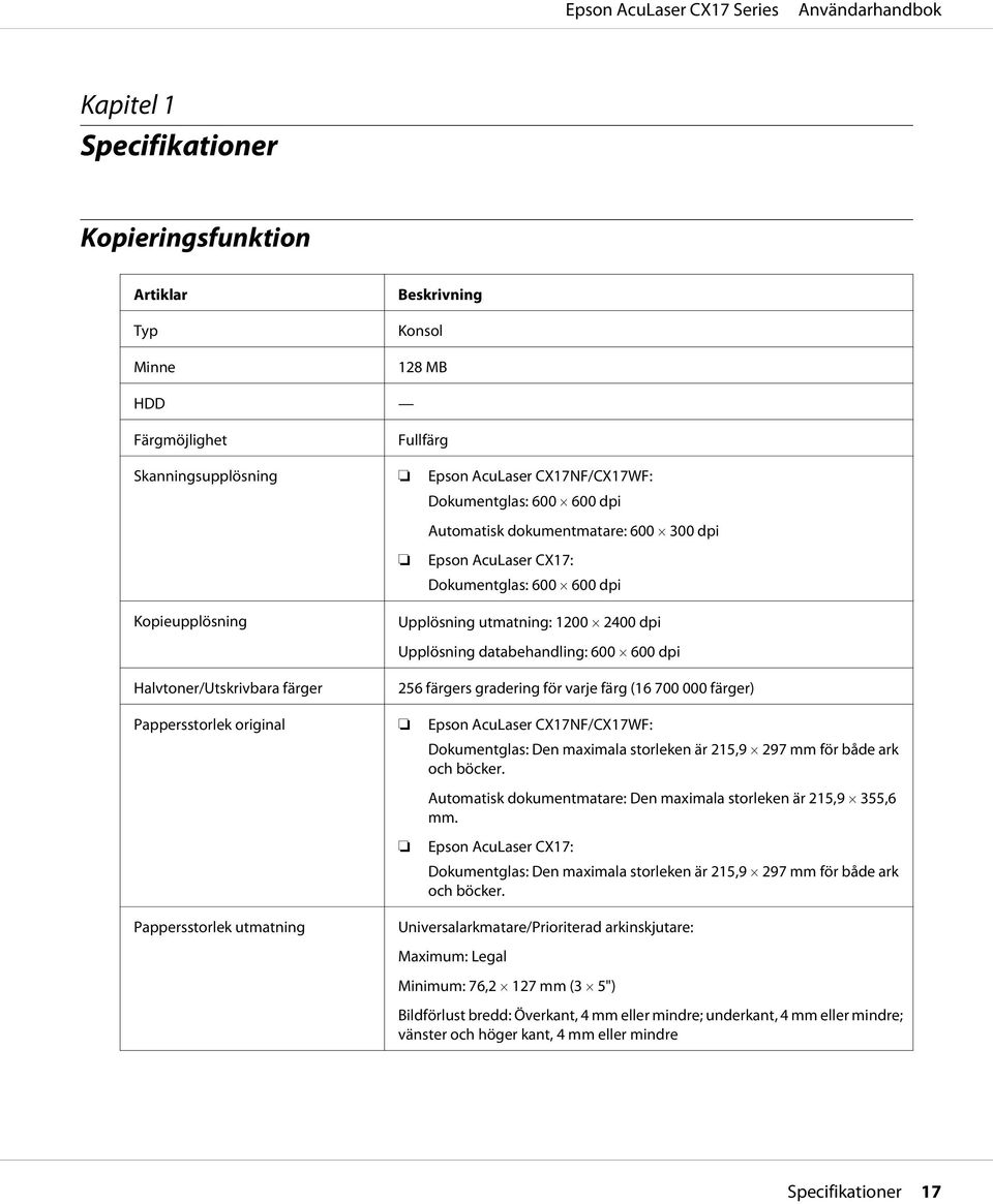 600 dpi 256 färgers gradering för varje färg (16 700 000 färger) Pappersstorlek original Epson AcuLaser CX17NF/CX17WF: Dokumentglas: Den maximala storleken är 215,9 297 mm för både ark och böcker.