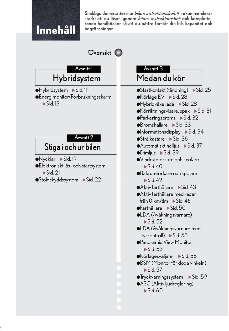 Översikt Avsnitt Hybridsystem Hybridsystem Sid. Energimonitor/Förbrukningsskärm Sid. 3 Avsnitt Stiga i och ur bilen Nycklar Sid. 9 Elektroniskt lås- och startsystem Sid. Stöldskyddssystem Sid.