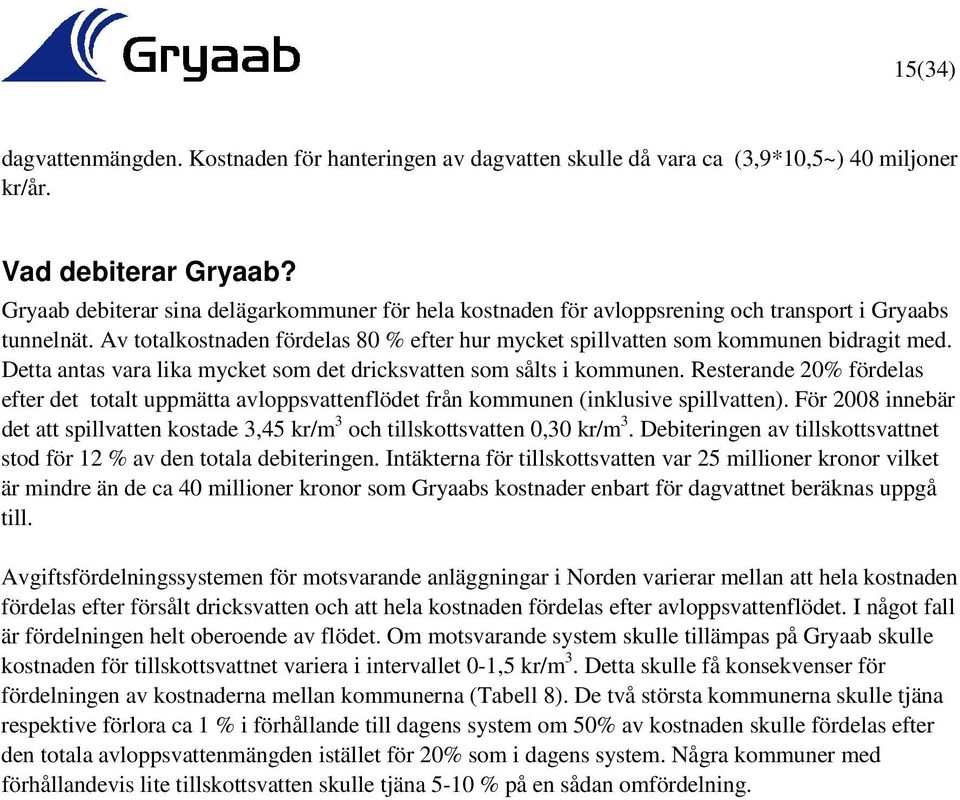 Detta antas vara lika mycket som det dricksvatten som sålts i kommunen. Resterande 20% fördelas efter det totalt uppmätta avloppsvattenflödet från kommunen (inklusive spillvatten).