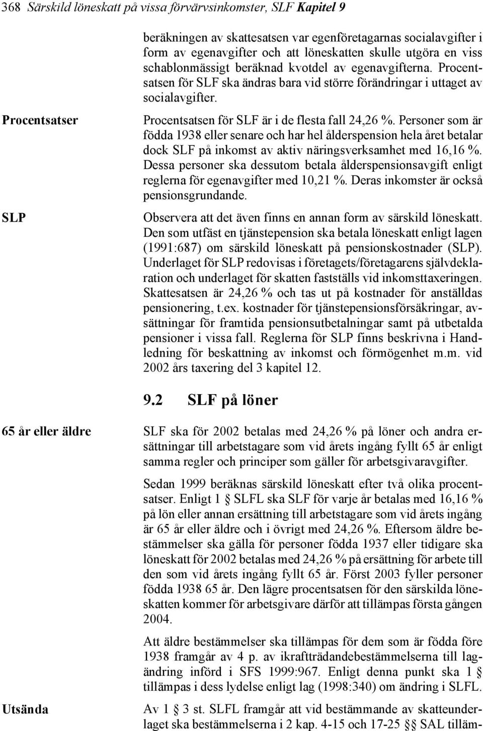 Procentsatsen för SLF är i de flesta fall 24,26 %. Personer som är födda 1938 eller senare och har hel ålderspension hela året betalar dock SLF på inkomst av aktiv näringsverksamhet med 16,16 %.