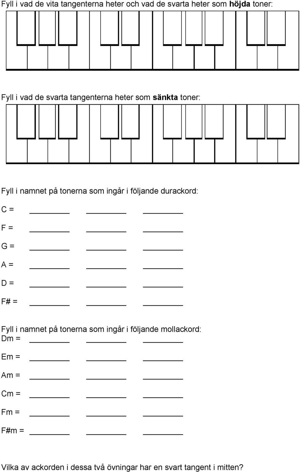 durackord: C = F = G = A = D = F# = Fyll i namnet på tonerna som ingår i följande mollackord: