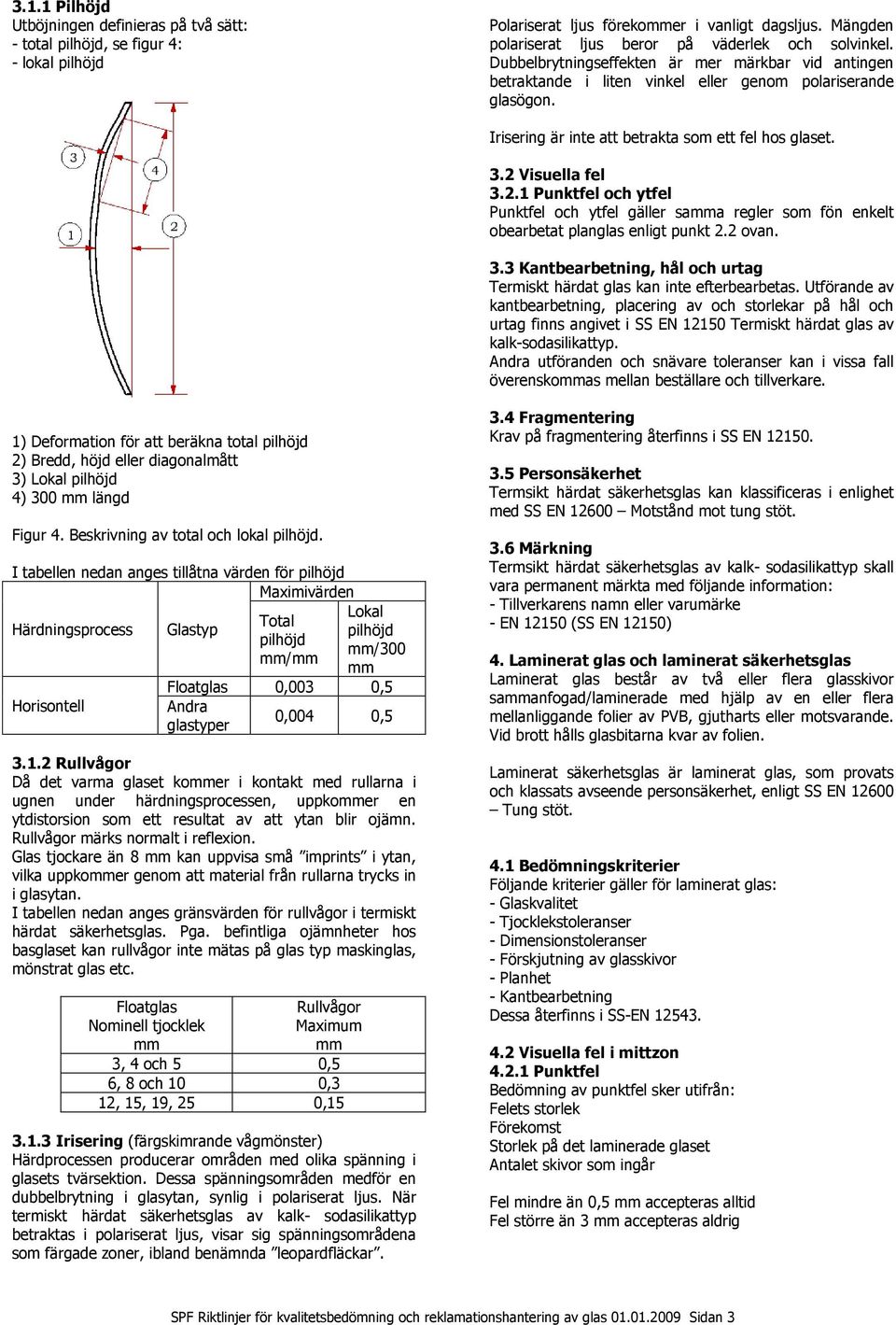 Visuella fel 3.2.1 Punktfel och ytfel Punktfel och ytfel gäller samma regler som fön enkelt obearbetat planglas enligt punkt 2.2 ovan. 3.3 Kantbearbetning, hål och urtag Termiskt härdat glas kan inte efterbearbetas.