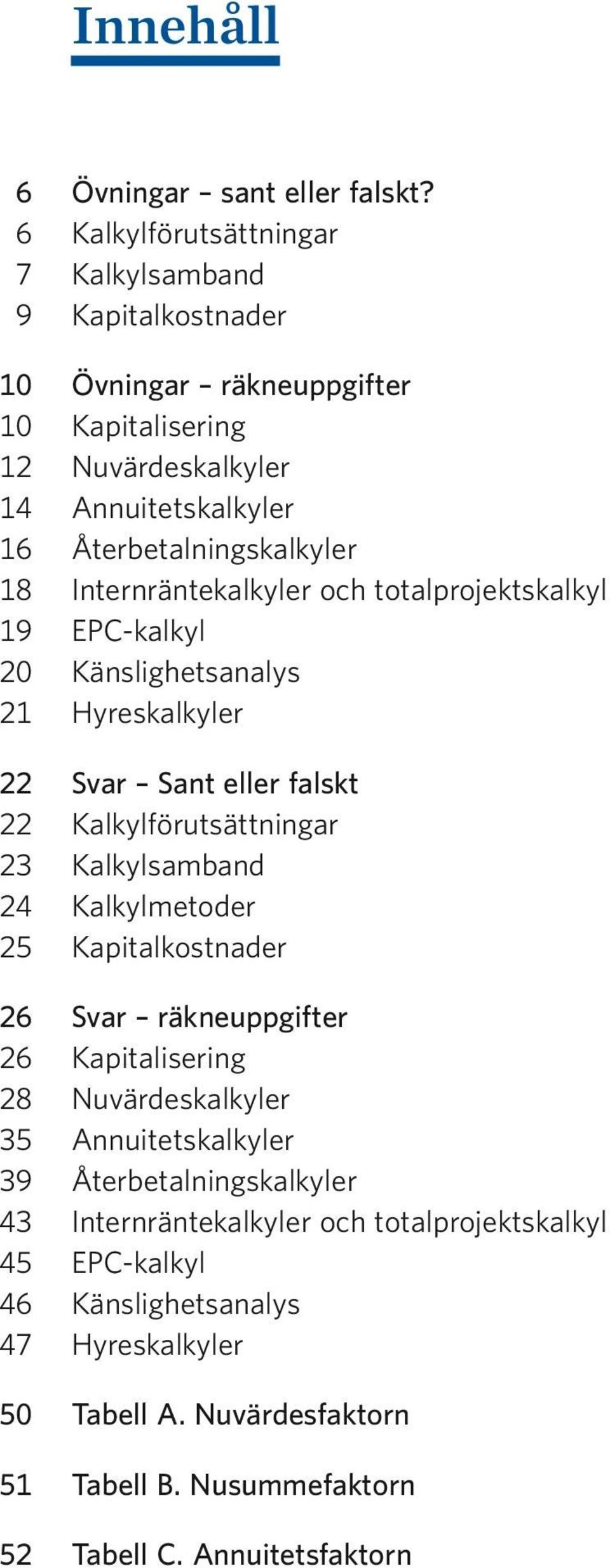 Internräntekalkyler och totalprojektskalkyl 19 EPC-kalkyl 20 Känslighetsanalys 21 Hyreskalkyler 22 Svar Sant eller falskt 22 Kalkylförutsättningar 23 Kalkylsamband 24