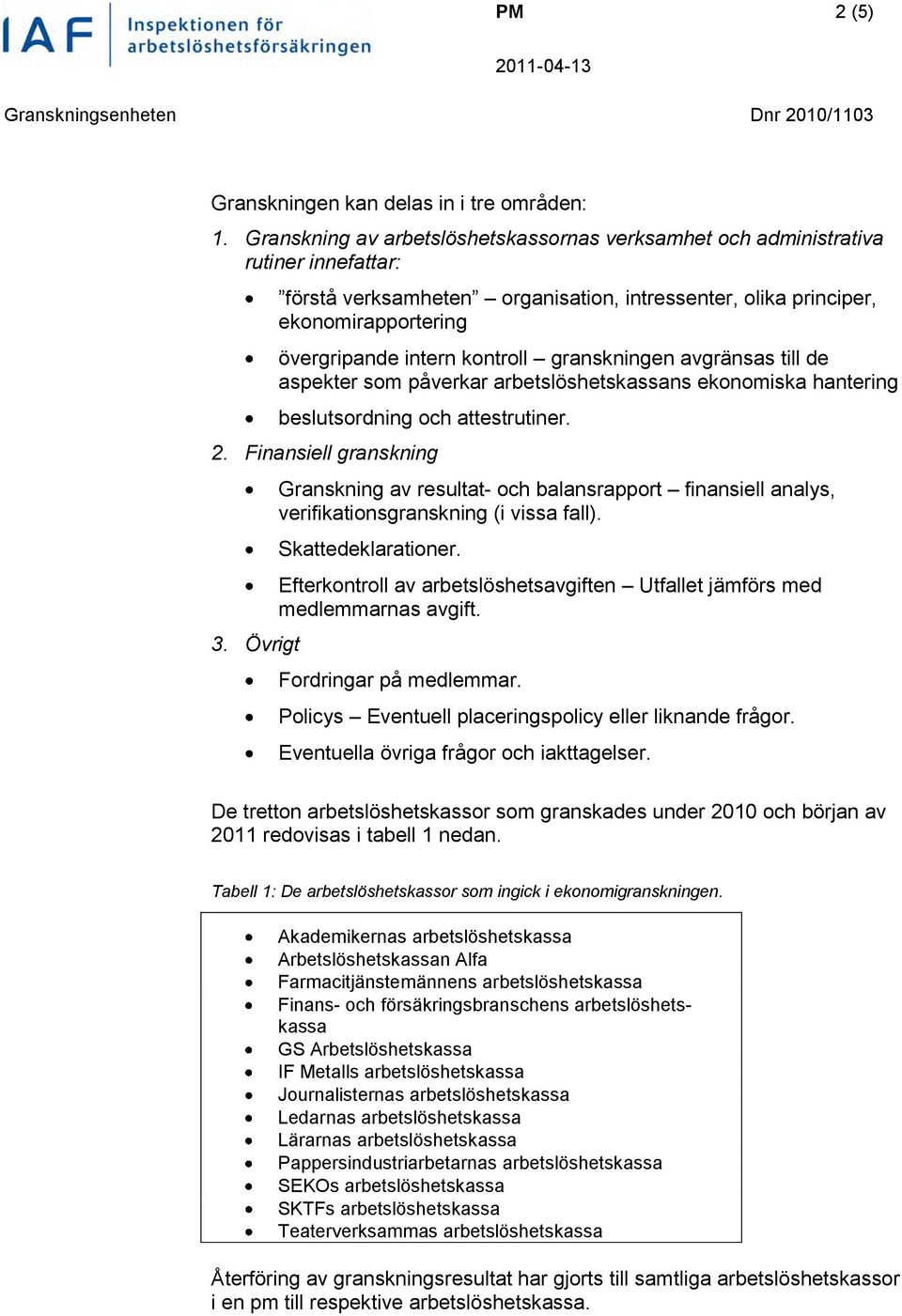 kontroll granskningen avgränsas till de aspekter som påverkar arbetslöshetskassans ekonomiska hantering beslutsordning och attestrutiner. 2. Finansiell granskning 3.