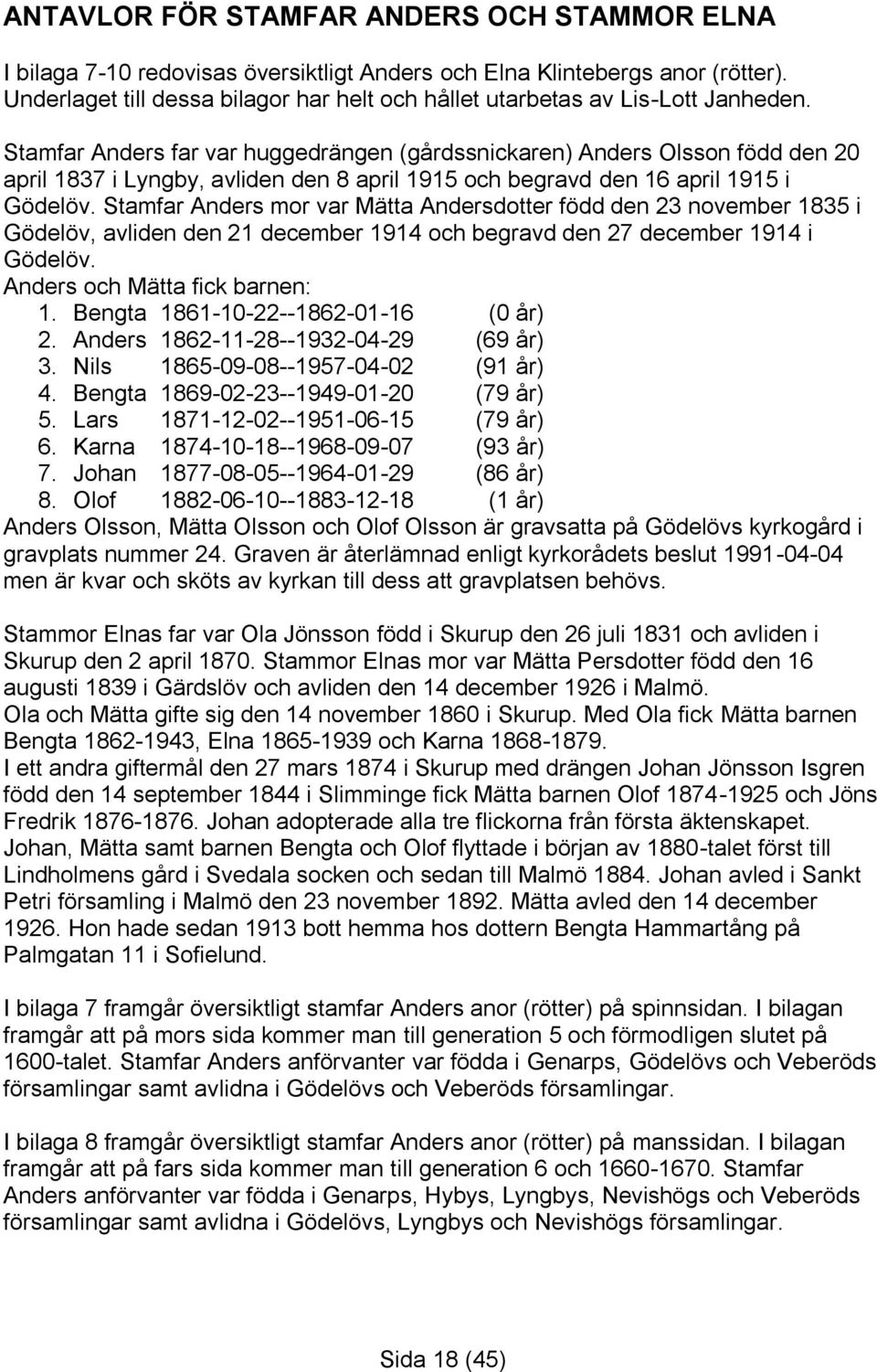 Stamfar Anders far var huggedrängen (gårdssnickaren) Anders Olsson född den 20 april 1837 i Lyngby, avliden den 8 april 1915 och begravd den 16 april 1915 i Gödelöv.