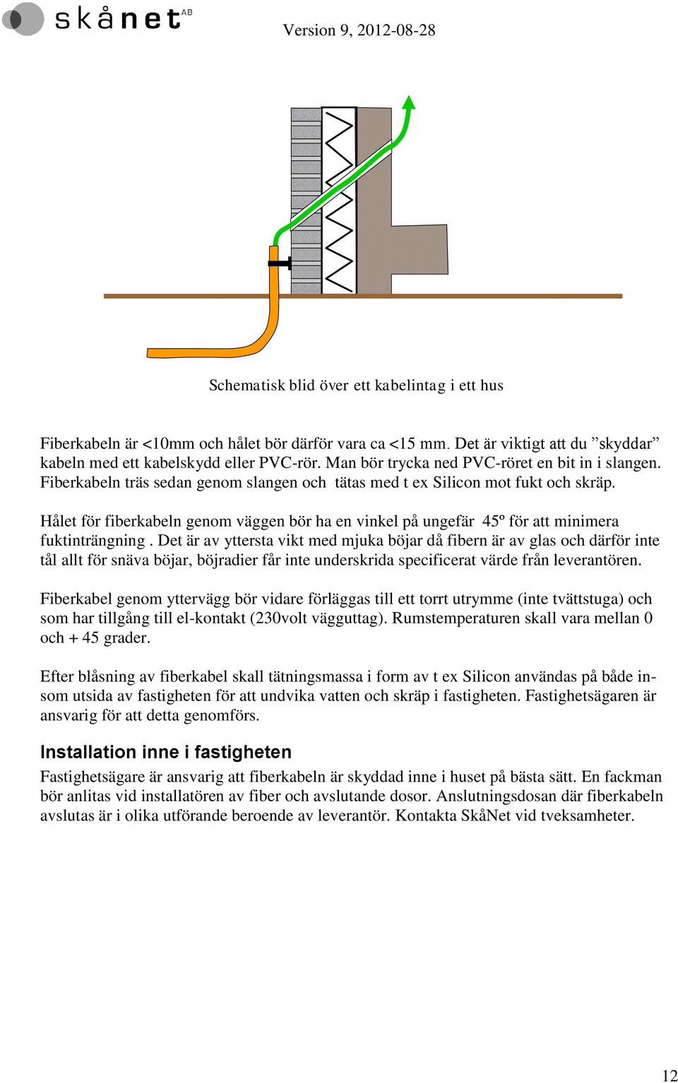 ålet för fiberkabeln genom väggen bör ha en vinkel på ungefär 45º för att minimera fuktinträngning.