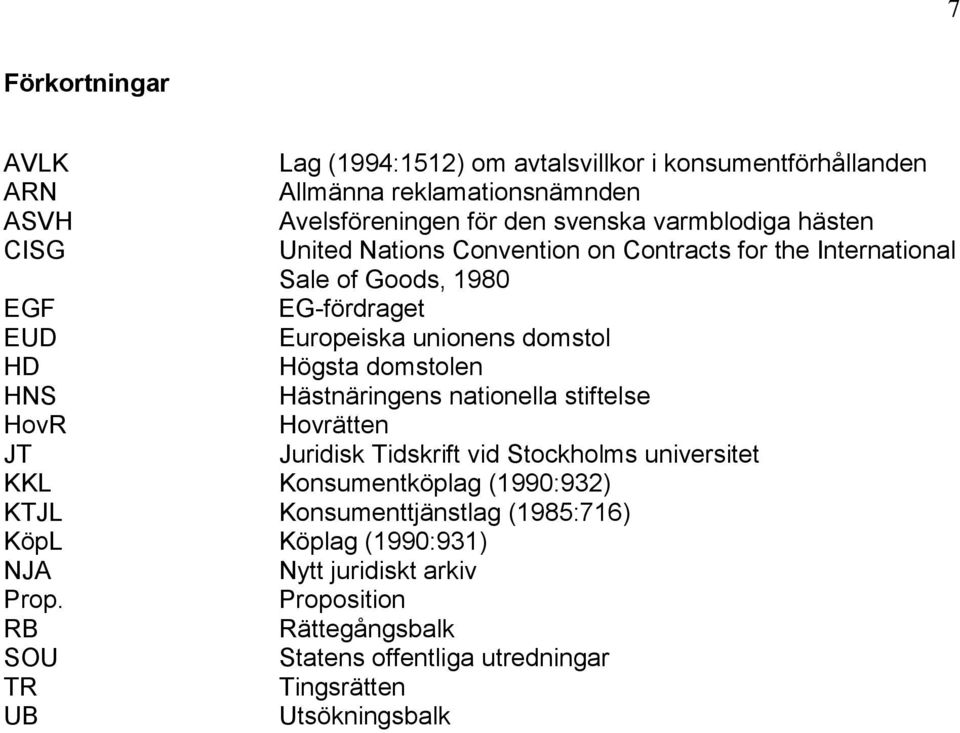 Hästnäringens nationella stiftelse Hovrätten Juridisk Tidskrift vid Stockholms universitet EGF EUD HD HNS HovR JT KKL Konsumentköplag (1990:932) KTJL