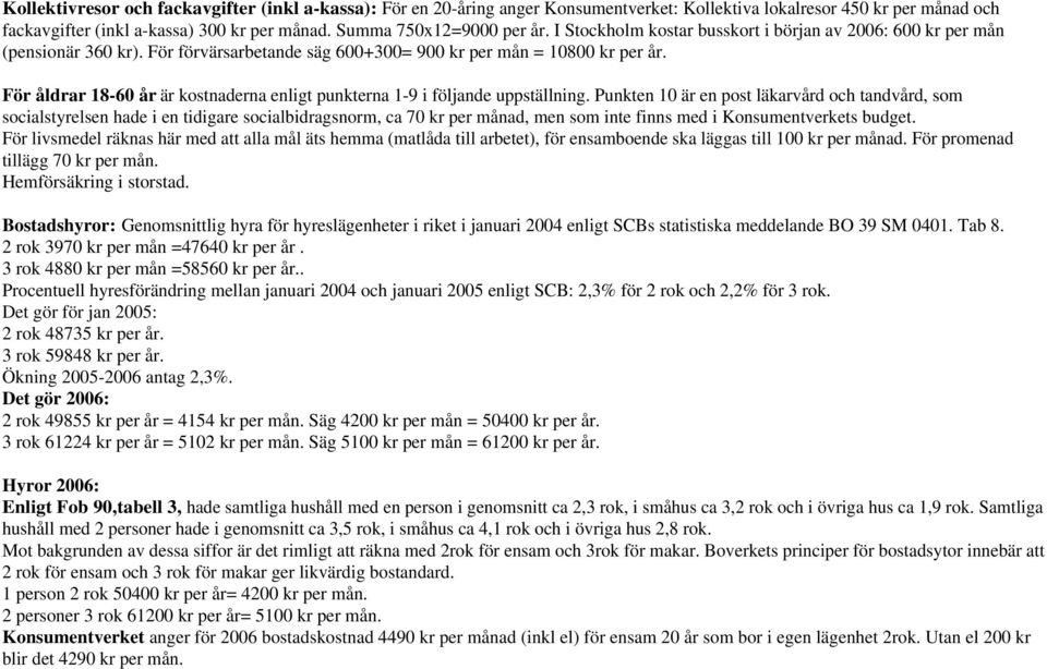 För åldrar 18-60 år är kostnaderna enligt punkterna 1-9 i följande uppställning.