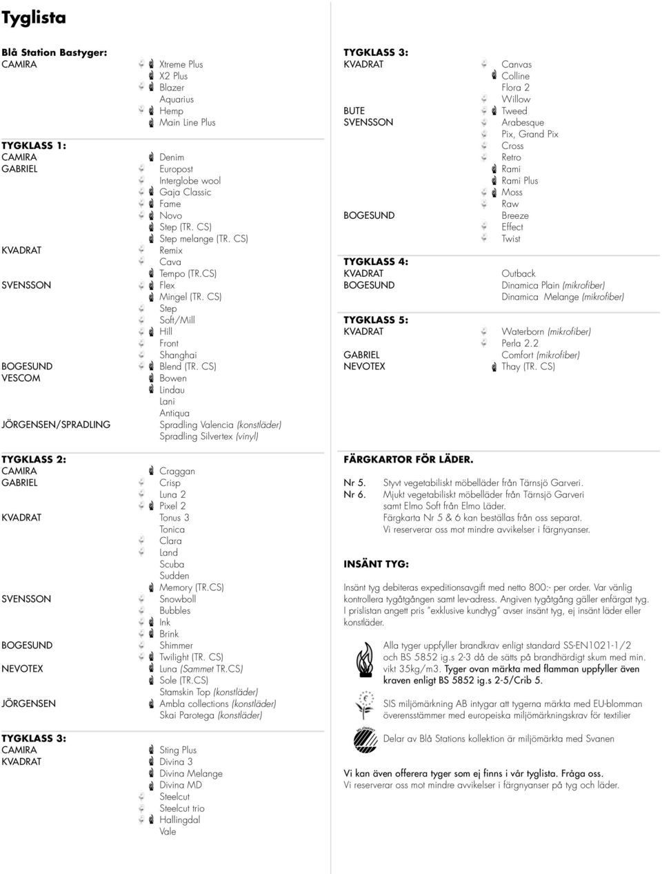 CS) Bowen Lindau Lani Antiqua Spradling Valencia (konstläder) Spradling Silvertex (vinyl) TYGKLASS 3: KVADRAT BUTE SVENSSON BOGESUND TYGKLASS 4: KVADRAT BOGESUND TYGKLASS 5: KVADRAT GABRIEL NEVOTEX