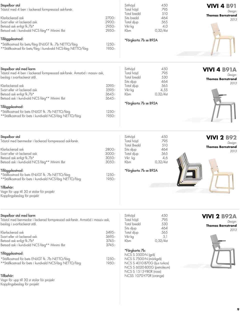 7b NETTO/färg 1250:- **Ställkostnad för bets/färg i kundvald NCS-färg NETTO/färg 1950:- Sitthöjd 450 Total höjd 795 Total bredd 510 Sits bredd 464 Total djup 565 Vikt kg 4,0 0,32/4st *Färgkarta 7b se