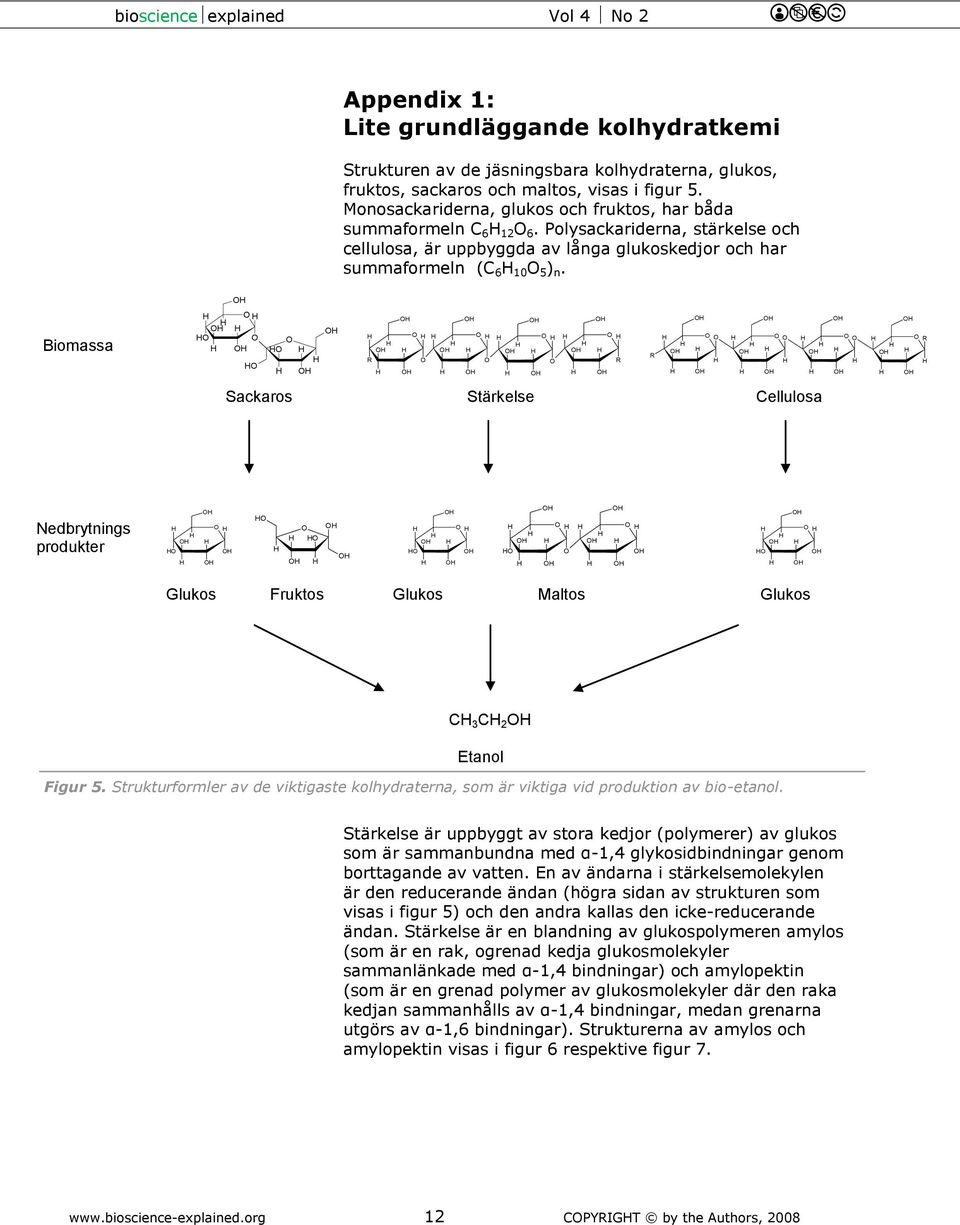 Biomassa R R R R Sackaros Sucrose Stärkelse Sucrose Cellulosa Sucrose Nedbrytnings produkter Glukos Fruktos Glukos Maltos Glukos C 3 C 2 Etanol Figur 5.