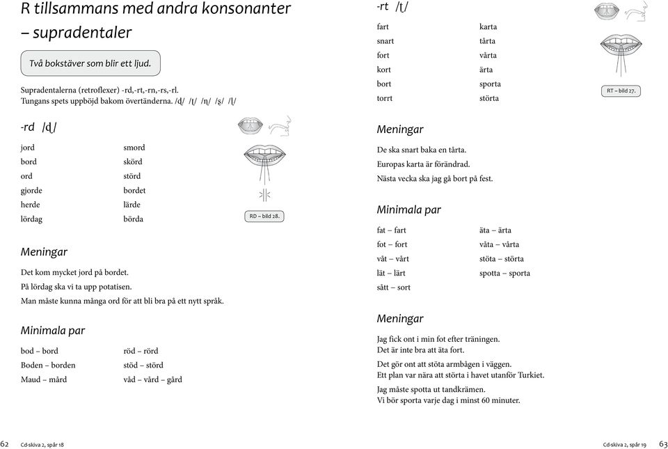 -rd /ɖ / jord smord bord skörd ord störd gjorde bordet herde lärde lördag börda Meningar Det kom mycket jord på bordet. På lördag ska vi ta upp potatisen.