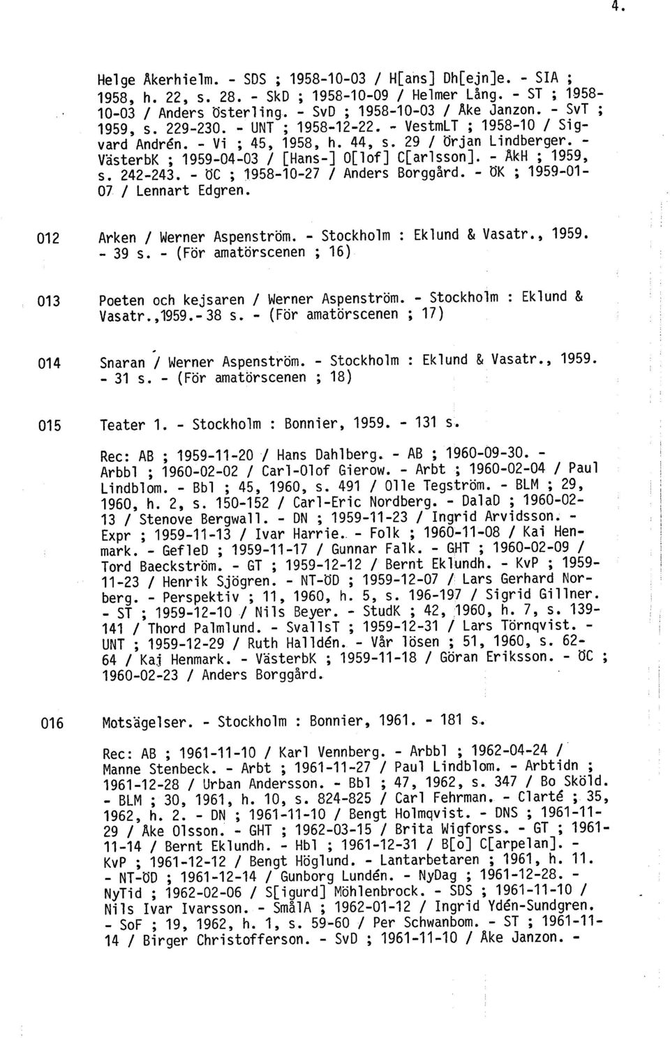 - AkH ; 1959, s. 242-243. - OC ; 1958-10-27 / Anders Borggård. - UK ; 1959-01- 07 / Lennart Edgren. 01 2 Arken / Werner Aspenström. - Stockholm : Eklund & Vasatr., 1959. - 39 s.