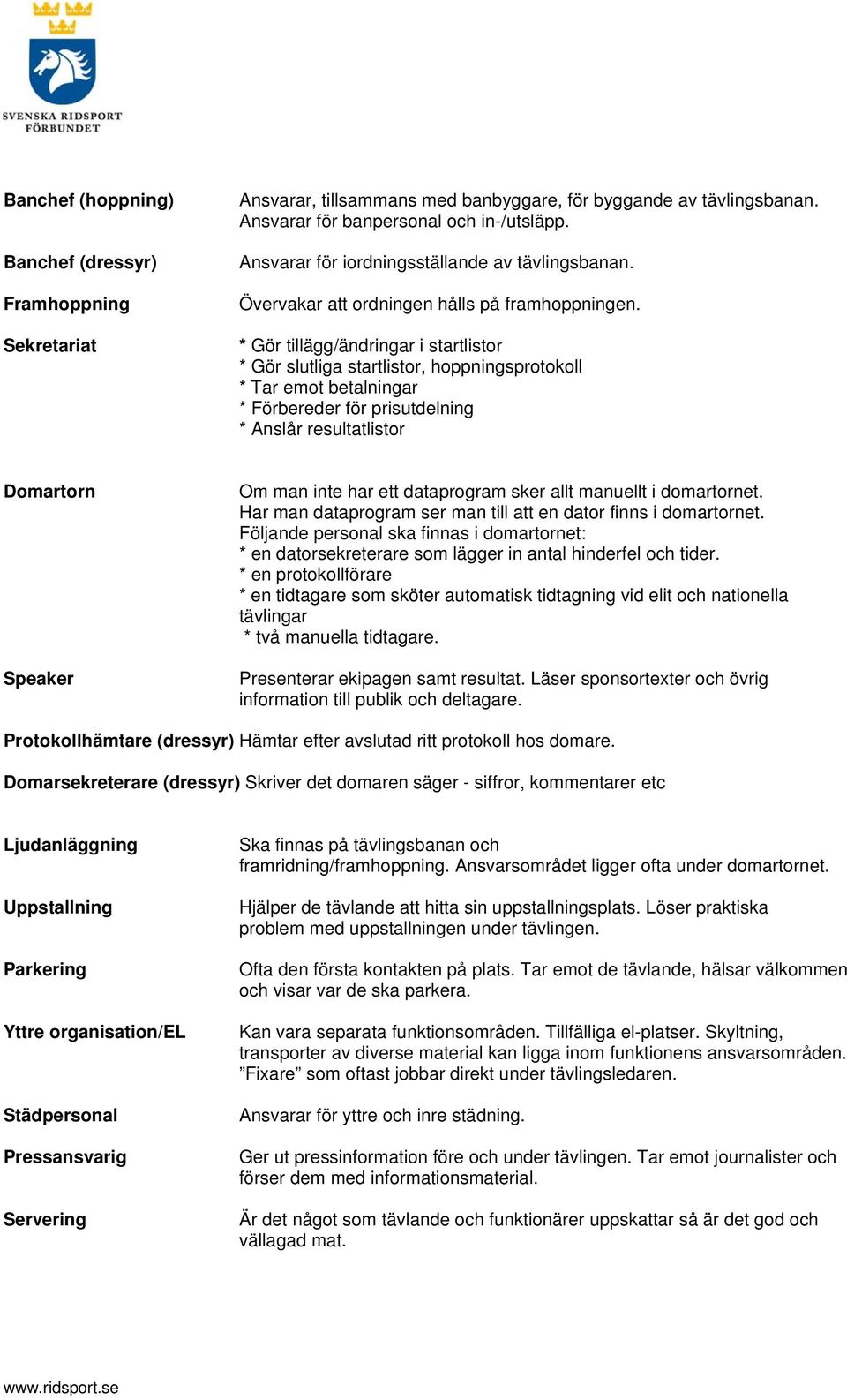 * Gör tillägg/ändringar i startlistor * Gör slutliga startlistor, hoppningsprotokoll * Tar emot betalningar * Förbereder för prisutdelning * Anslår resultatlistor Domartorn Speaker Om man inte har