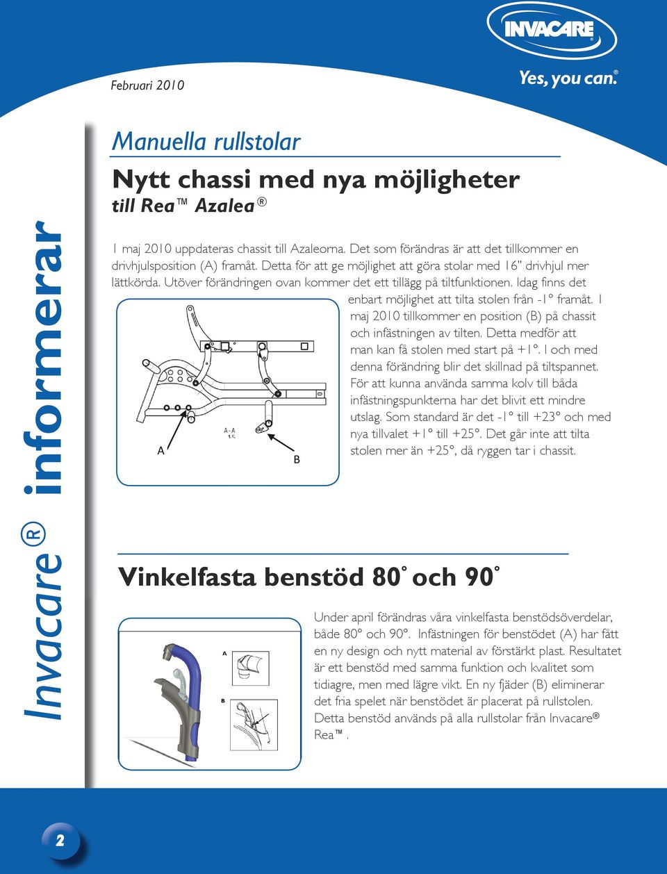 Idag finns det enbart möjlighet att tilta stolen från -1 framåt. 1 maj 2010 tillkommer en position (B) på chassit och infästningen av tilten. Detta medför att man kan få stolen med start på +1.