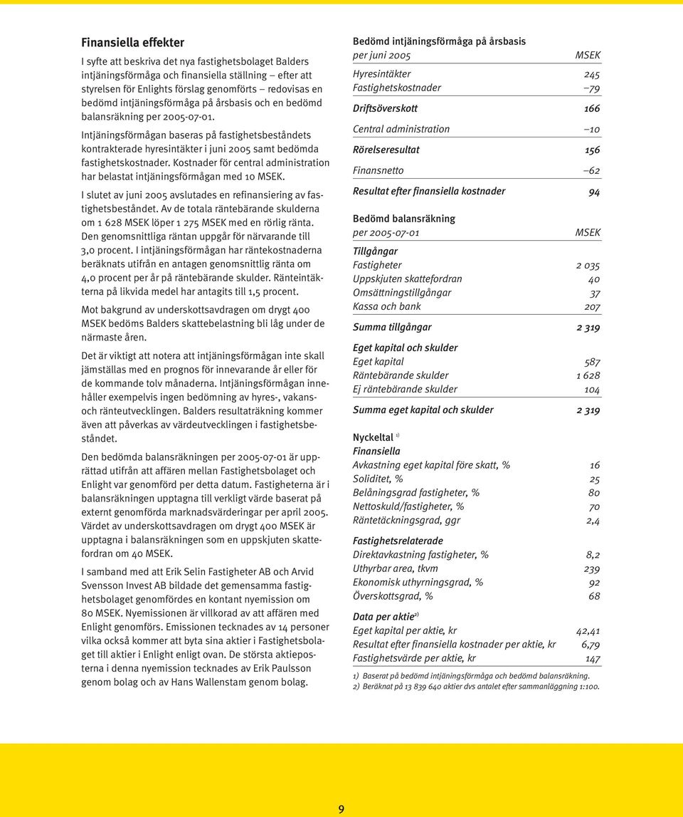 Kostnader för central administration har belastat intjäningsförmågan med 10 MSEK. I slutet av juni 2005 avslutades en refinansiering av fastighetsbeståndet.