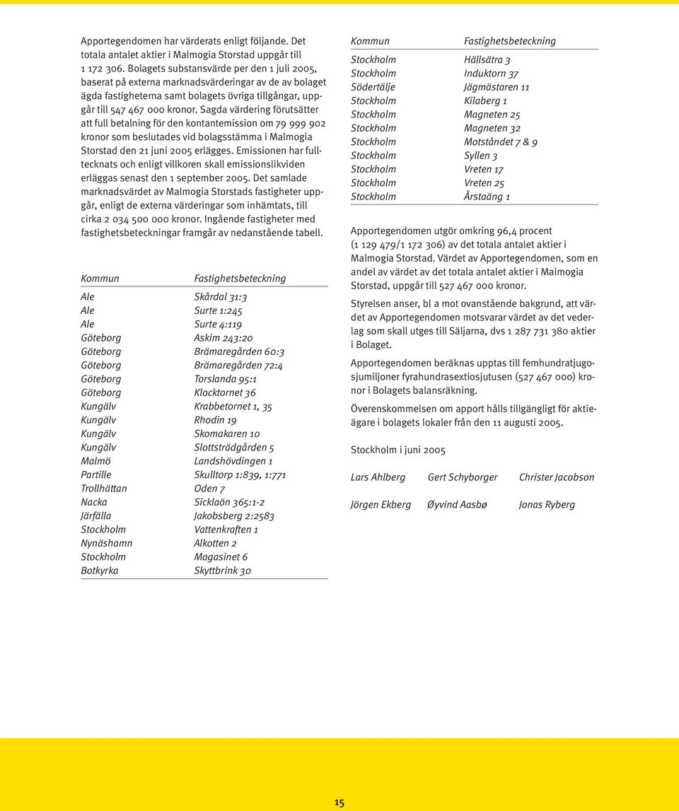 Sagda värdering förutsätter att full betalning för den kontantemission om 79 999 902 kronor som beslutades vid bolagsstämma i Malmogia Storstad den 21 juni 2005 erlägges.