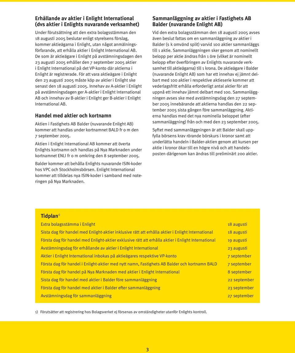 De som är aktieägare i Enlight på avstämningsdagen den 23 augusti 2005 erhåller den 7 september 2005 aktier i Enlight International på det VP-konto där aktierna i Enlight är registrerade.