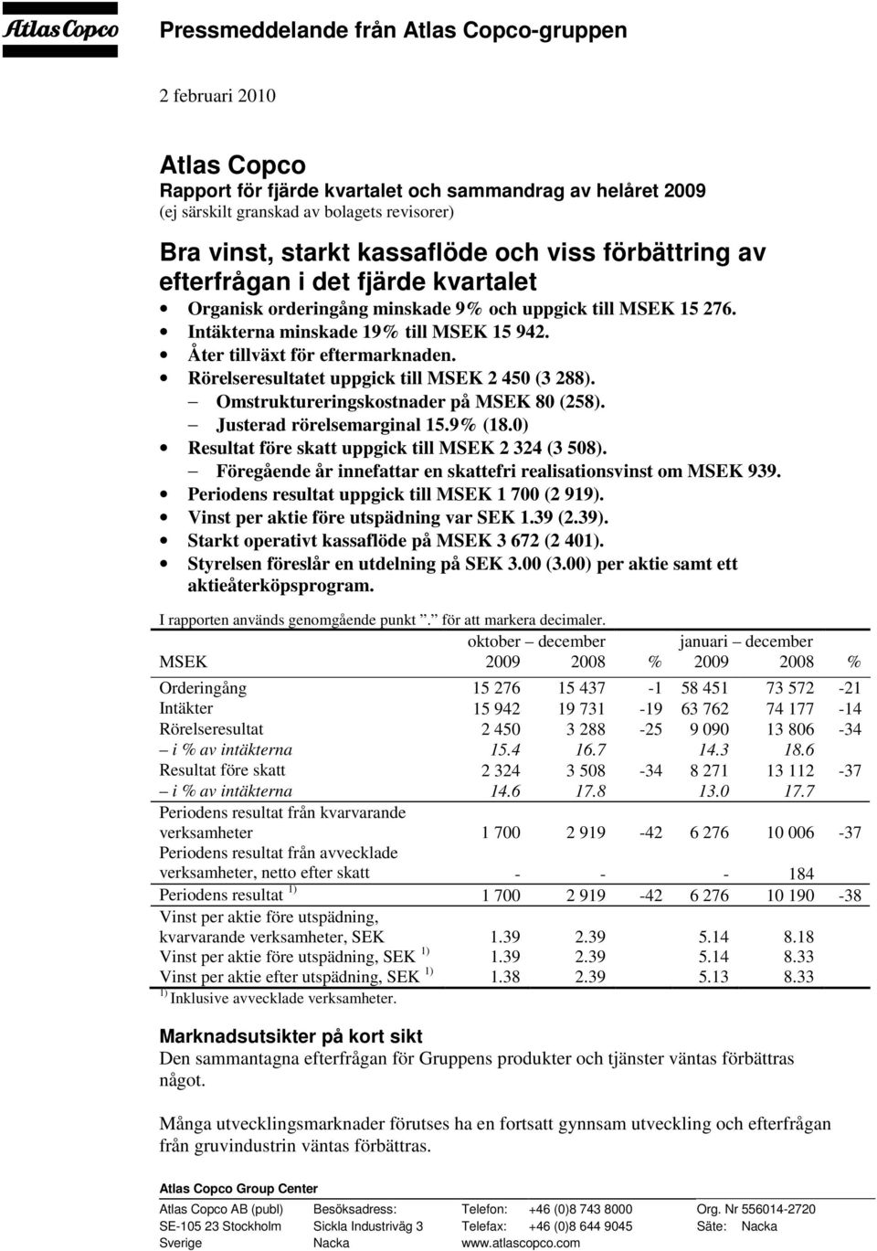 Åter tillväxt för eftermarknaden. Rörelseresultatet uppgick till MSEK 2 450 (3 288). Omstruktureringskostnader på MSEK 80 (258). Justerad rörelsemarginal 15.9% (18.