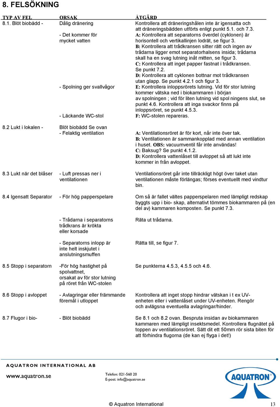 B: Kontrollera att trådkransen sitter rätt och ingen av trådarna ligger emot separatorhalsens insida; trådarna skall ha en svag lutning inåt mitten, se figur 3.