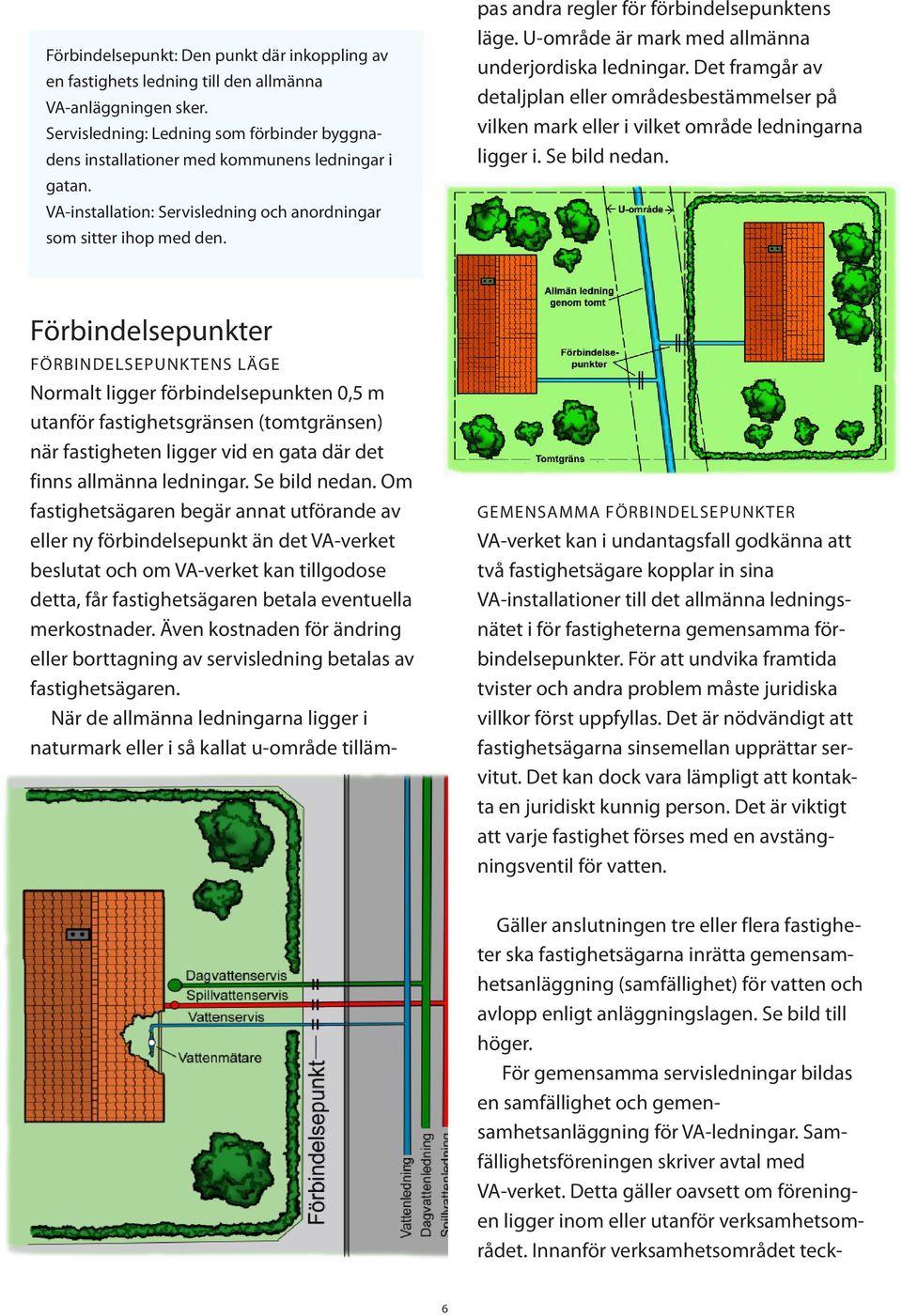 Normalt ligger förbindelsepunkten 0,5 m utanför fastighetsgränsen (tomtgränsen) när fastigheten ligger vid en gata där det finns allmänna ledningar. Se bild nedan.