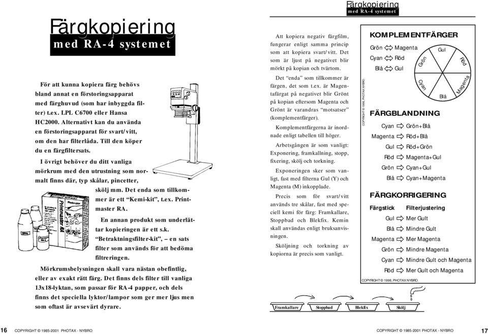 I övrigt behöver du ditt vanliga mörkrum med den utrustning som normalt finns där, typ skålar, pincetter, skölj mm. Det enda som tillkommer är ett Kemi-kit, t.ex. Printmaster RA.