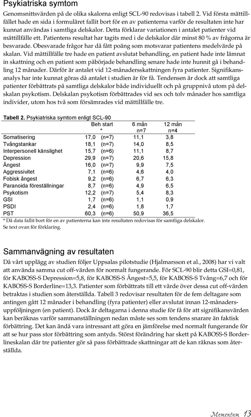 Detta förklarar variationen i antalet patienter vid mättillfälle ett. Patientens resultat har tagits med i de delskalor där minst 80 % av frågorna är besvarade.