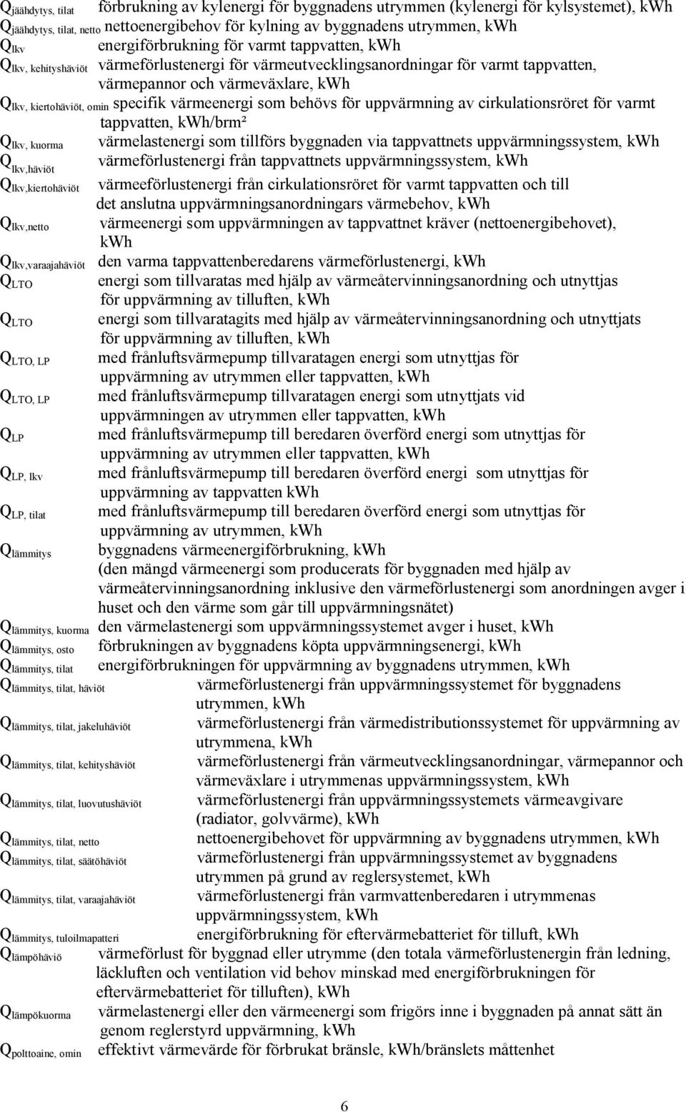 specifik värmeenergi som behövs för uppvärmning av cirkulationsröret för varmt tappvatten, kwh/brm² Q lkv, kuorma värmelastenergi som tillförs byggnaden via tappvattnets uppvärmningssystem, kwh Q