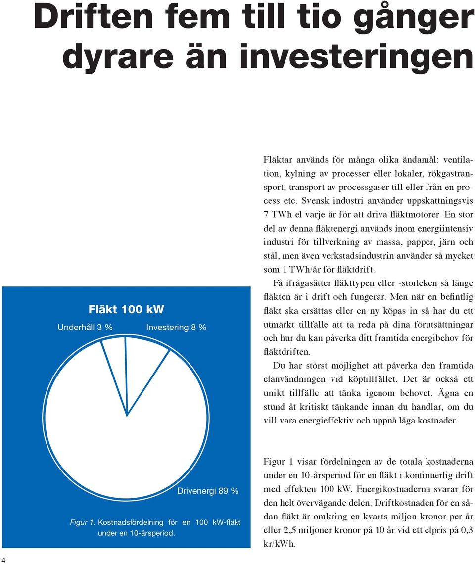 En stor del av denna fläktenergi används inom energiintensiv industri för tillverkning av massa, papper, järn och stål, men även verkstadsindustrin använder så mycket som 1 TWh/år för fläktdrift.