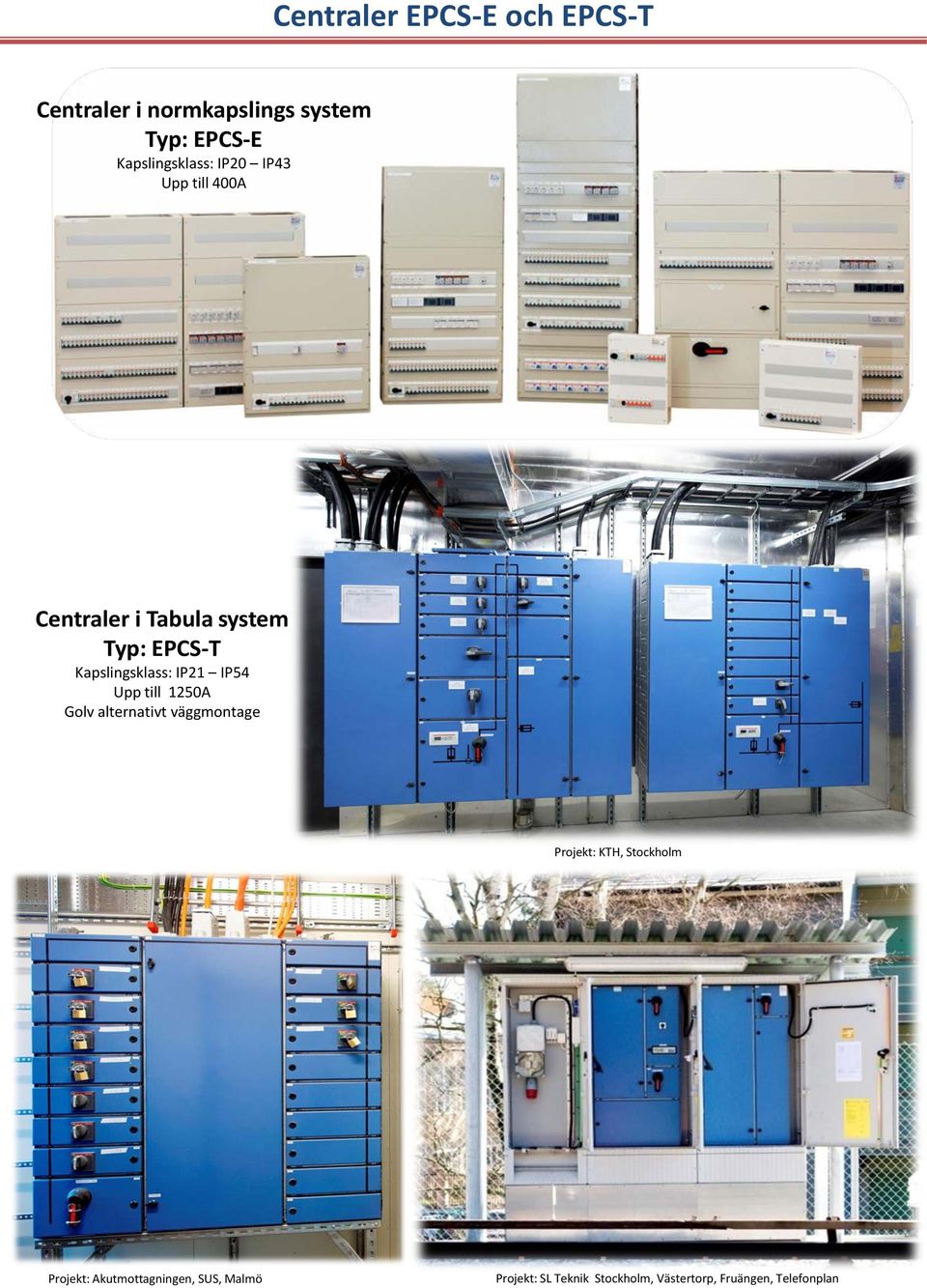 Kapslingsklass: IP21 IP54 Upp till 1250A Golv alternativt väggmontage Projekt: KTH,