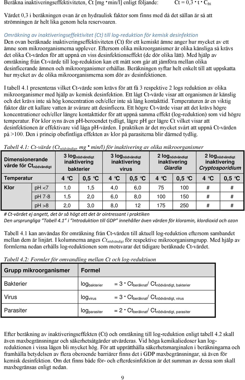 Omräkning av inaktiveringseffektivitet (Ct) till log-reduktion för kemisk desinfektion Den ovan beräknade inaktiveringseffektiviteten (Ct) för ett kemiskt ämne anger hur mycket av ett ämne som