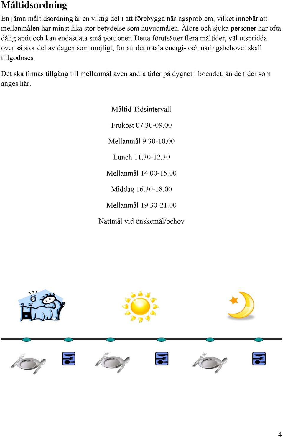 Detta förutsätter flera måltider, väl utspridda över så stor del av dagen som möjligt, för att det totala energi- och näringsbehovet skall tillgodoses.