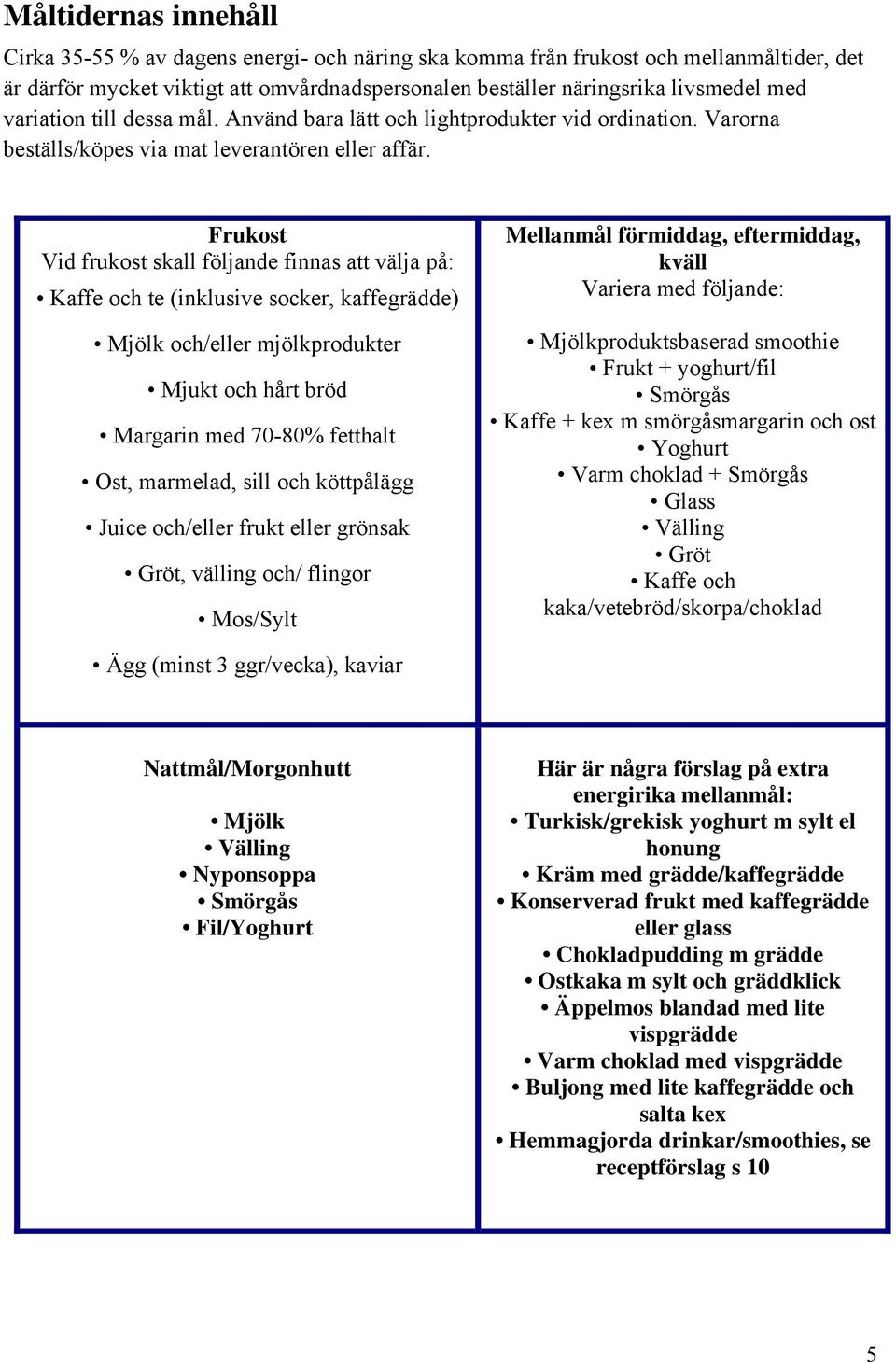 Frukost Vid frukost skall följande finnas att välja på: Kaffe och te (inklusive socker, kaffegrädde) Mjölk och/eller mjölkprodukter Mjukt och hårt bröd Margarin med 70-80% fetthalt Ost, marmelad,