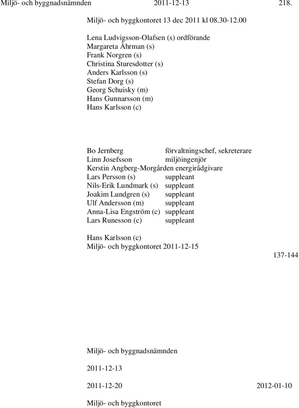 (m) Hans Karlsson (c) Bo Jernberg förvaltningschef, sekreterare Linn Josefsson miljöingenjör Kerstin Angberg-Morgården energirådgivare Lars Persson (s) suppleant Nils-Erik Lundmark