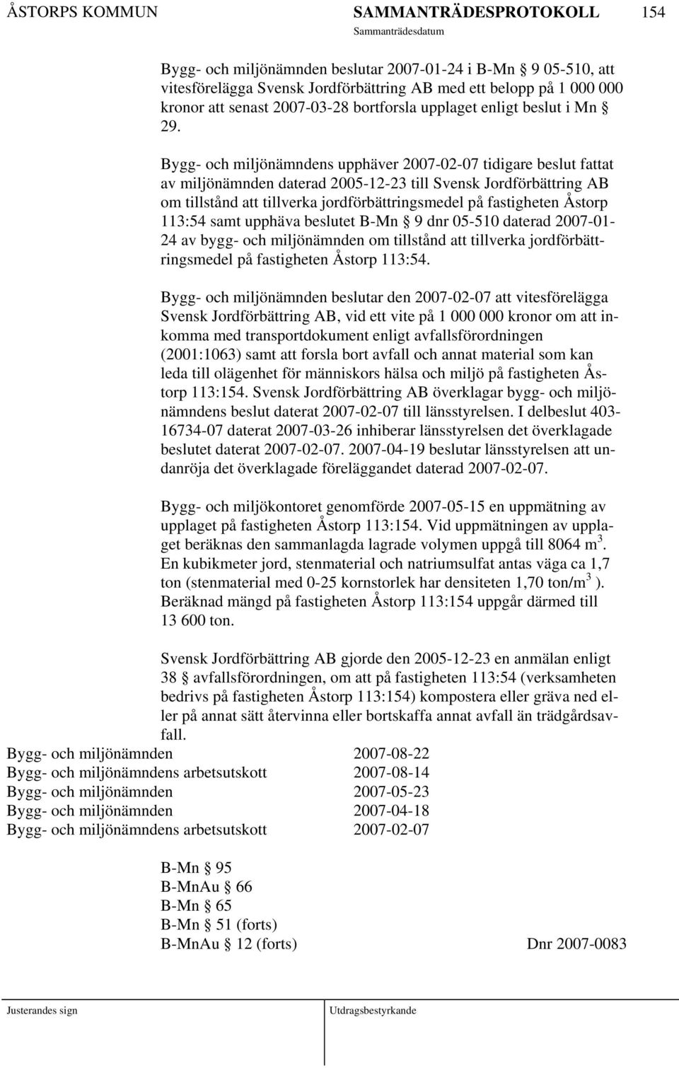 Bygg- och miljönämndens upphäver 2007-02-07 tidigare beslut fattat av miljönämnden daterad 2005-12-23 till Svensk Jordförbättring AB om tillstånd att tillverka jordförbättringsmedel på fastigheten