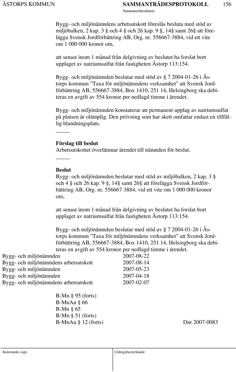 Bygg- och miljönämnden beslutar med stöd av 7 2004-01-26 i Åstorps kommun Taxa för miljönämndens verksamhet att Svensk Jordförbättring AB, 556667-3884, Box 1410, 251 14, Helsingborg ska debiteras en