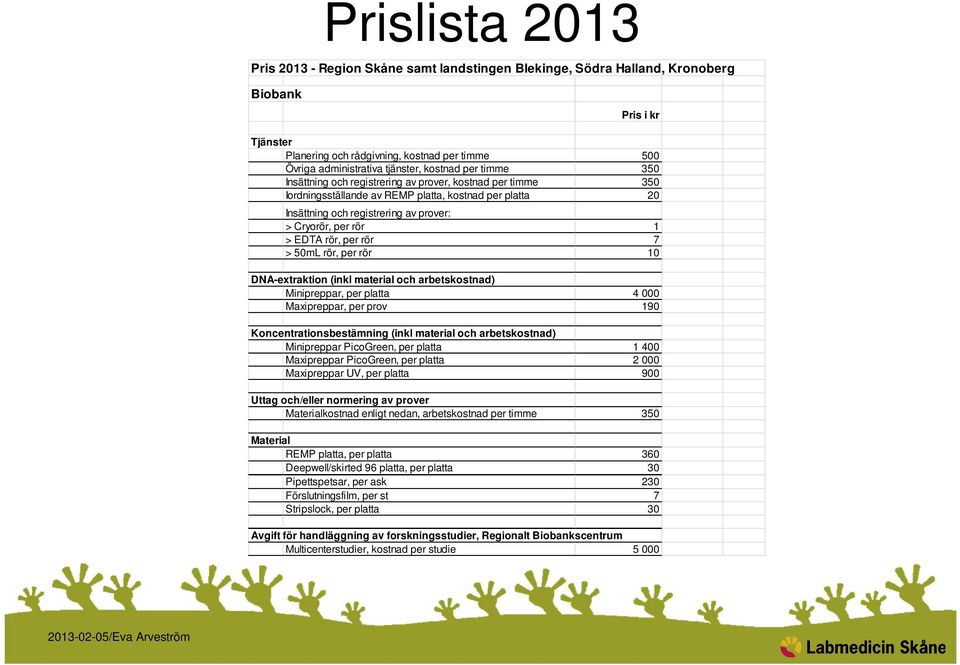 > EDTA rör, per rör 7 > 50mL rör, per rör 10 DNA-extraktion (inkl material och arbetskostnad) Minipreppar, per platta 4 000 Maxipreppar, per prov 190 Koncentrationsbestämning (inkl material och