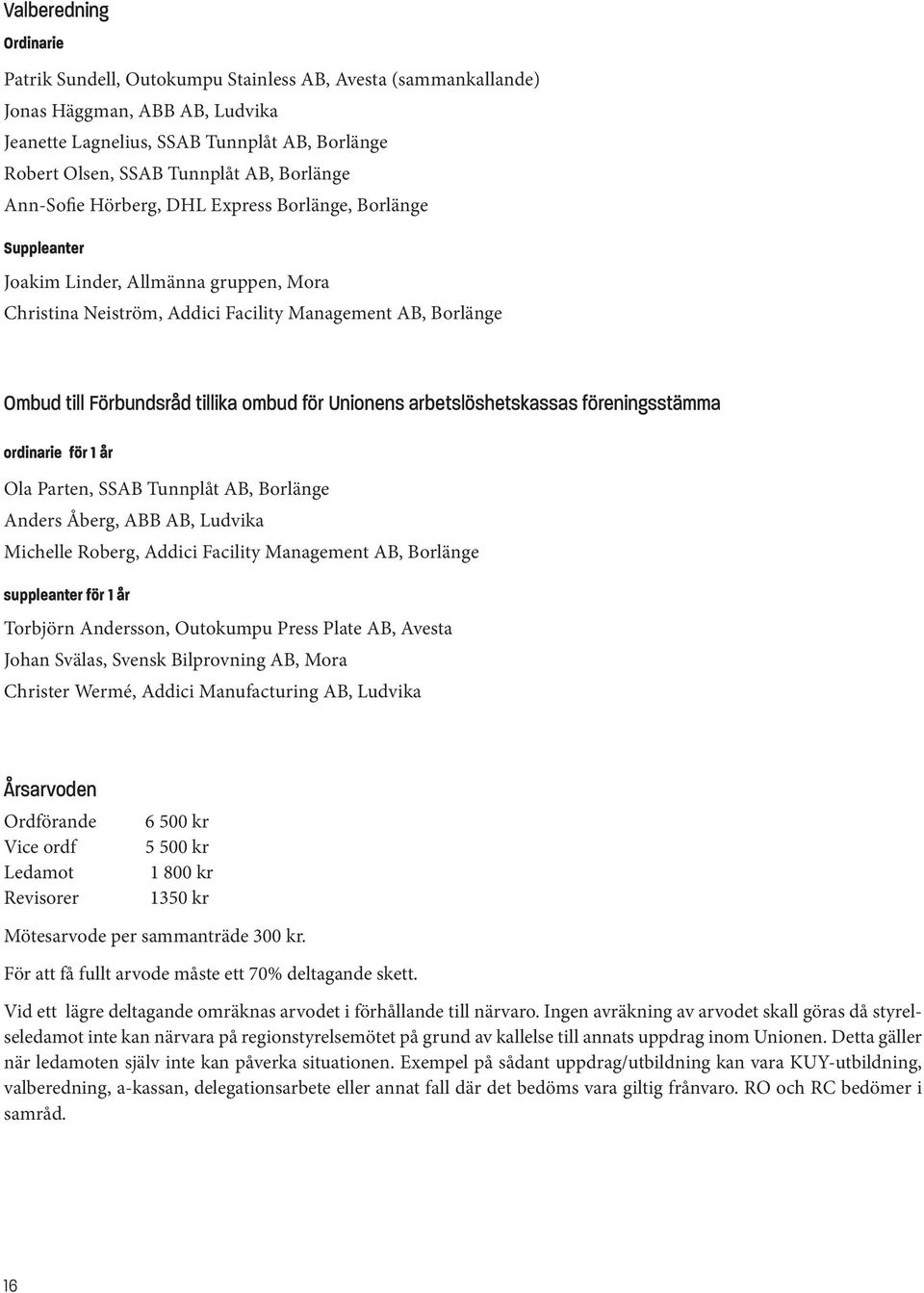 föreningsstämma ordinarie för 1 år Ola Parten, SSAB Tunnplåt AB, Anders Åberg, ABB AB, Ludvika Michelle Roberg, Addici Facility Management AB, suppleanter för 1 år Torbjörn Andersson, Outokumpu Press