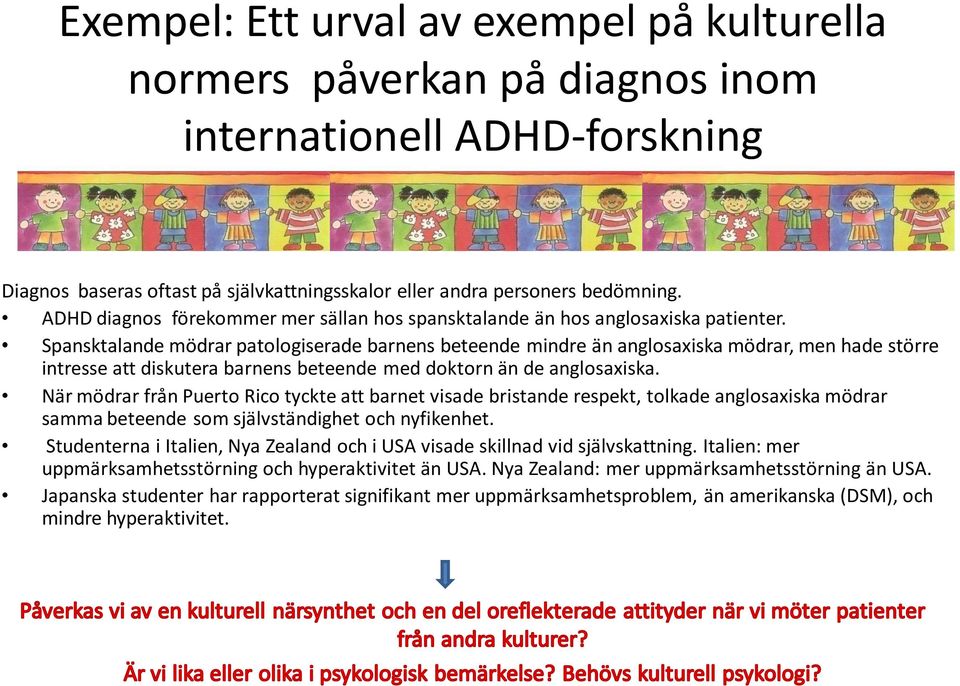 Spansktalande mödrar patologiserade barnens beteende mindre än anglosaxiska mödrar, men hade större intresse att diskutera barnens beteende med doktorn än de anglosaxiska.