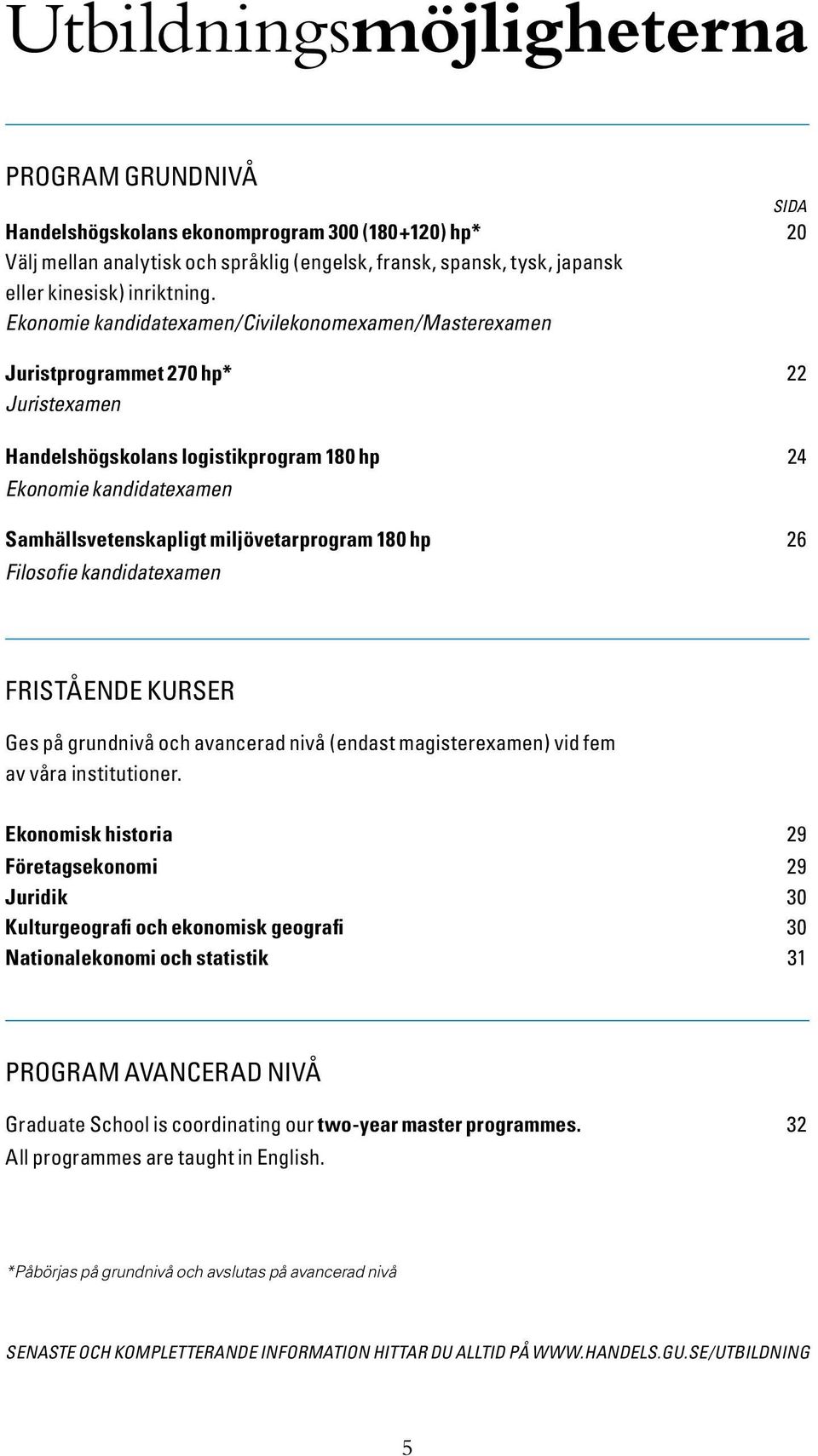 Ekonomie kandidatexamen/civilekonomexamen/masterexamen Juristprogrammet 270 hp* 22 Juristexamen Handelshögskolans logistikprogram 180 hp 24 Ekonomie kandidatexamen Samhällsvetenskapligt