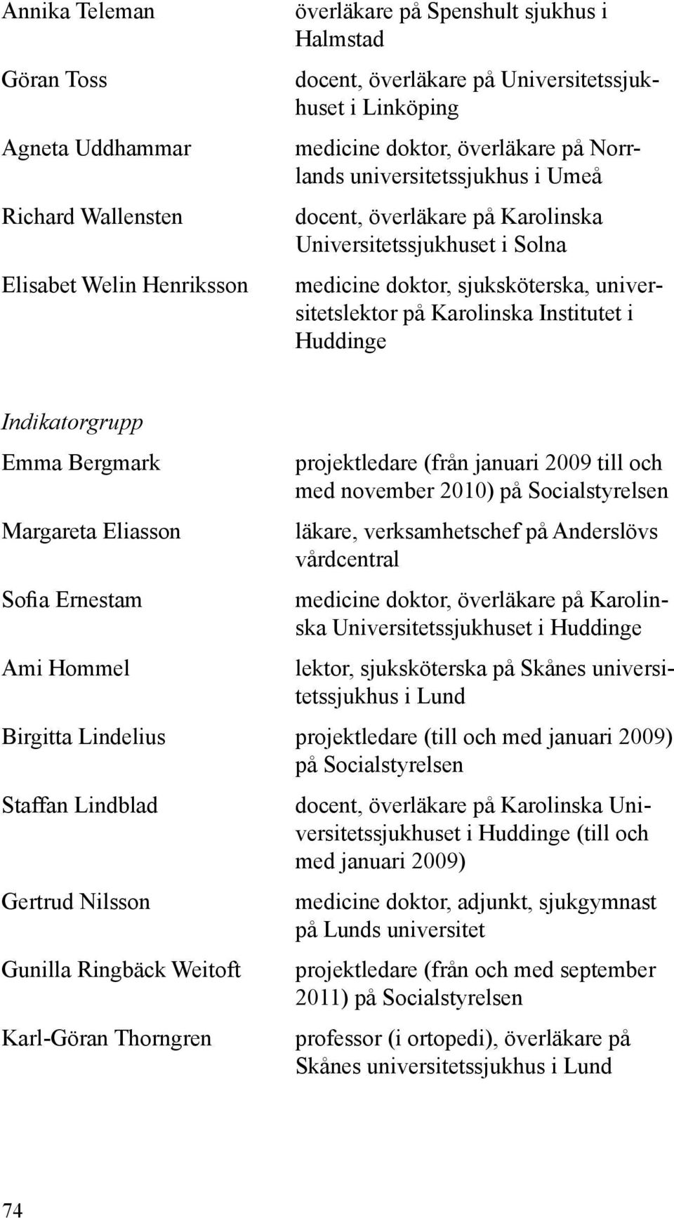 Bergmark Margareta Eliasson Sofia Ernestam Ami Hommel projektledare (från januari 2009 till och med november 2010) på Socialstyrelsen läkare, verksamhetschef på Anderslövs vårdcentral medicine