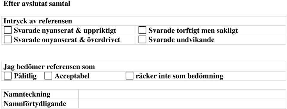 Svarade undvikande Jag bedömer referensen som Pålitlig Acceptabel