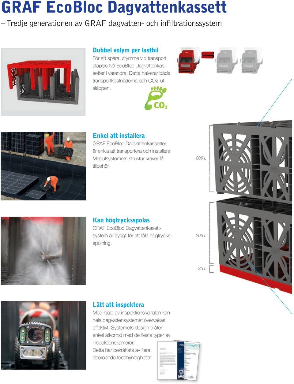 Modulsystemets struktur kräver få tillbehör. 205 L Kan högtrycksspolas GRAF EcoBloc Dagvattenkasettsystem är byggt för att tåla högtrycksspolning.