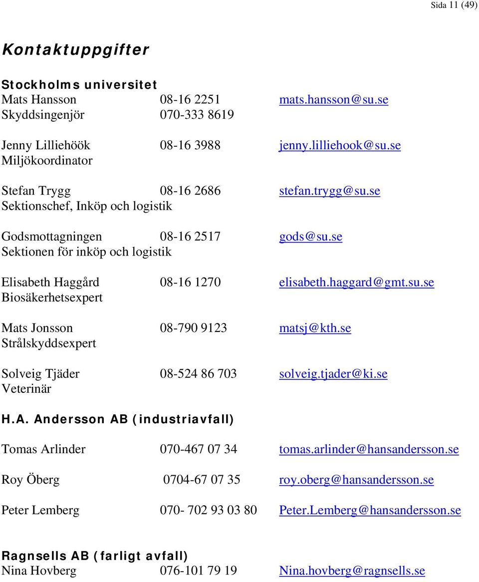 se Sektionen för inköp och logistik Elisabeth Haggård 08-16 1270 elisabeth.haggard@gmt.su.se Biosäkerhetsexpert Mats Jonsson 08-790 9123 matsj@kth.